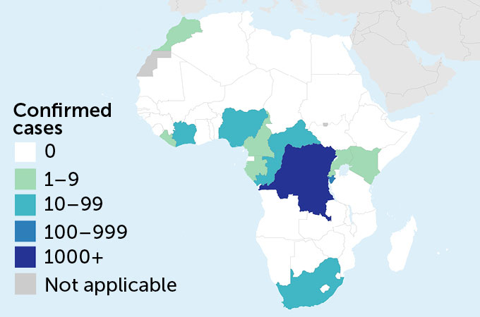 Një hartë e Afrikës tregon numrin e rasteve të konfirmuara mpox nga janari 2024 deri në shtator 2024. Republika Demokratike e Kongos ka shumicën e rasteve, me 1000+ të paraqitura në grafik. Vendet përreth kanë raportuar midis 0 dhe 99 raste të konfirmuara